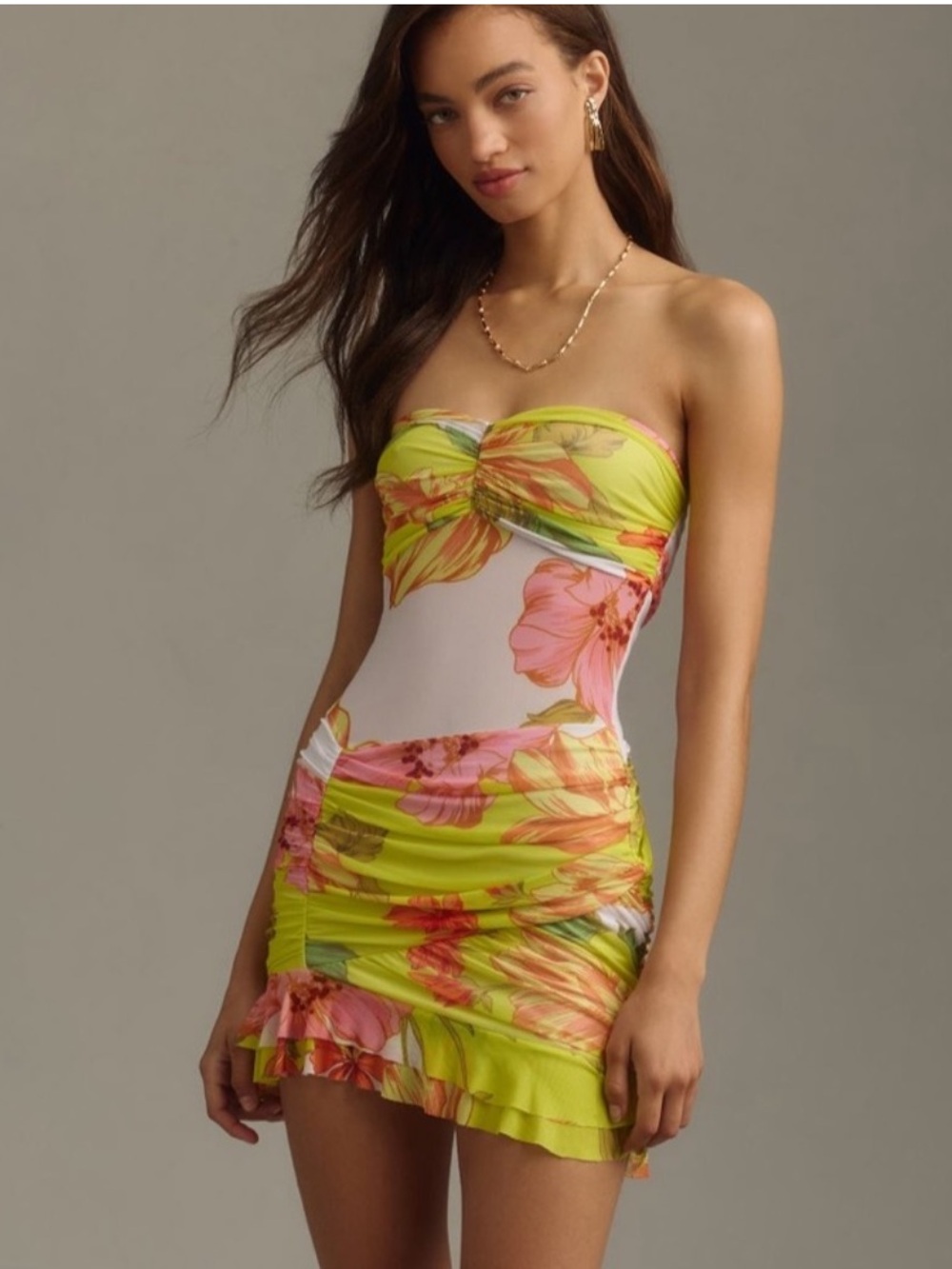 AFRM Strapless Floral Bodycon Dress in Lime and Pink
